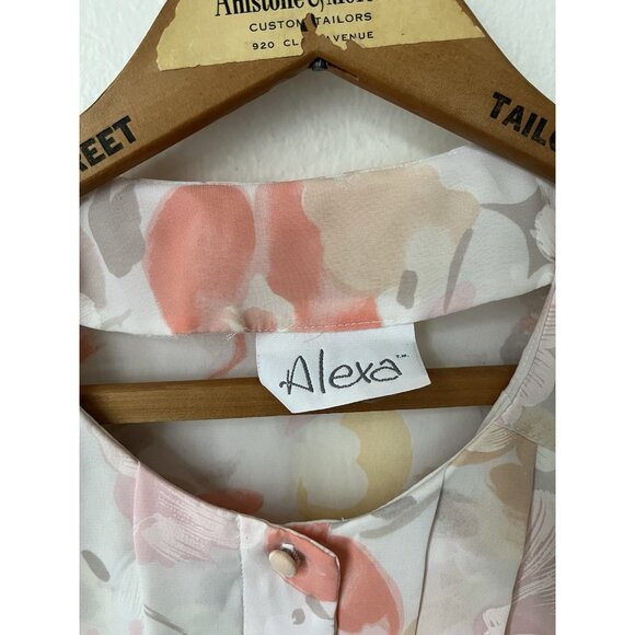 80s pastel floral pleat front short sleeve button blouse polyester L - Picture 3 of 6